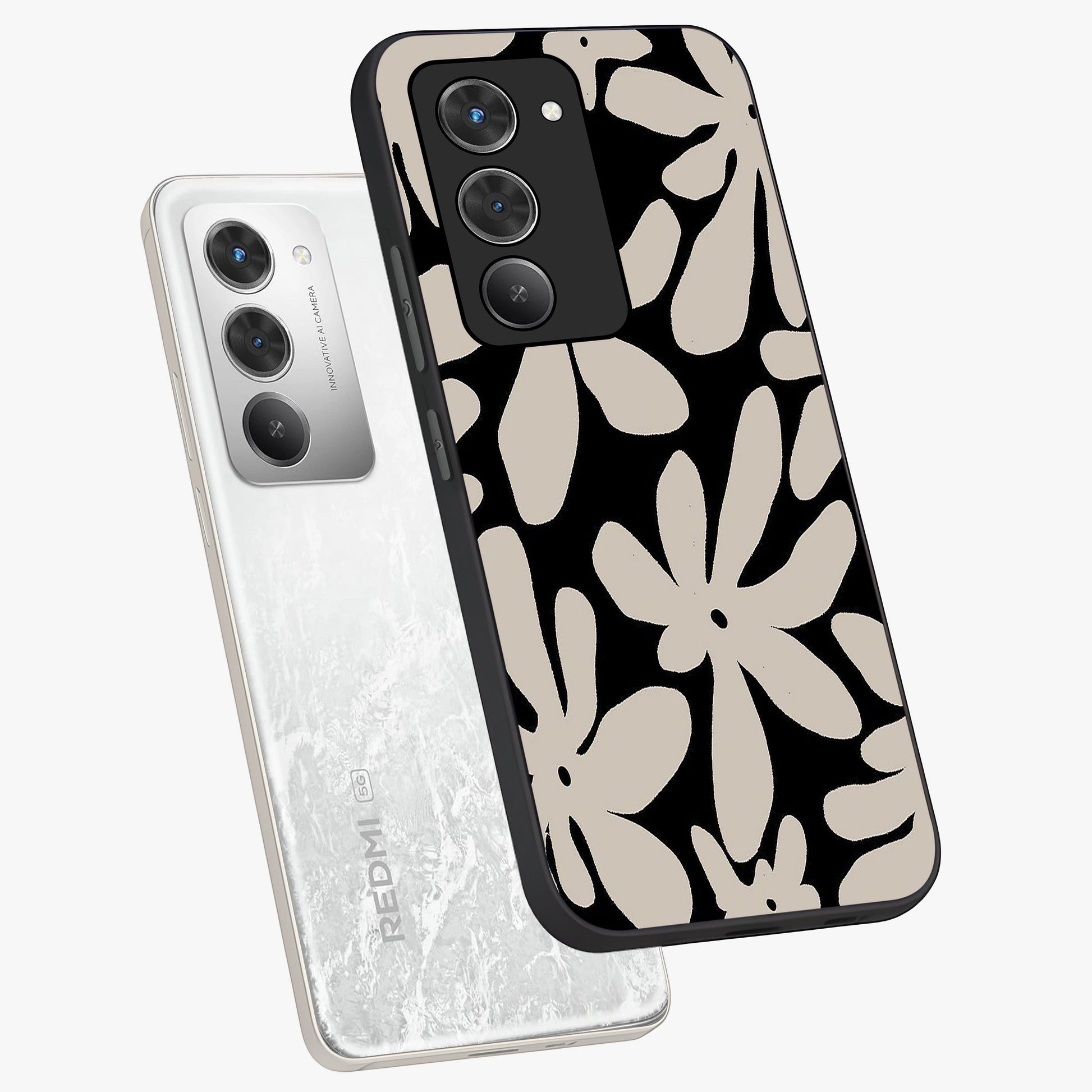 Monochrome Petal Dance Glass Case displayed in angled mockup highlighting elegant petal design with black and white aesthetic.