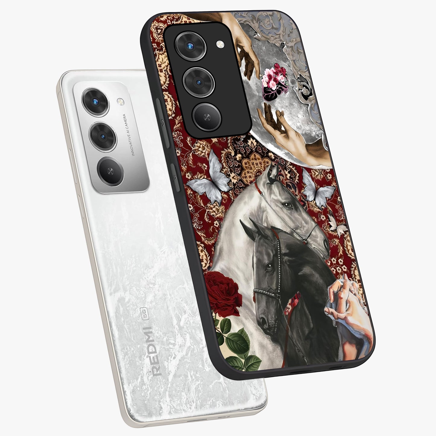 Moonlit Royal Stallion Glass Case displayed in angled mockup highlighting powerful stallion illustration with royal night aesthetic.