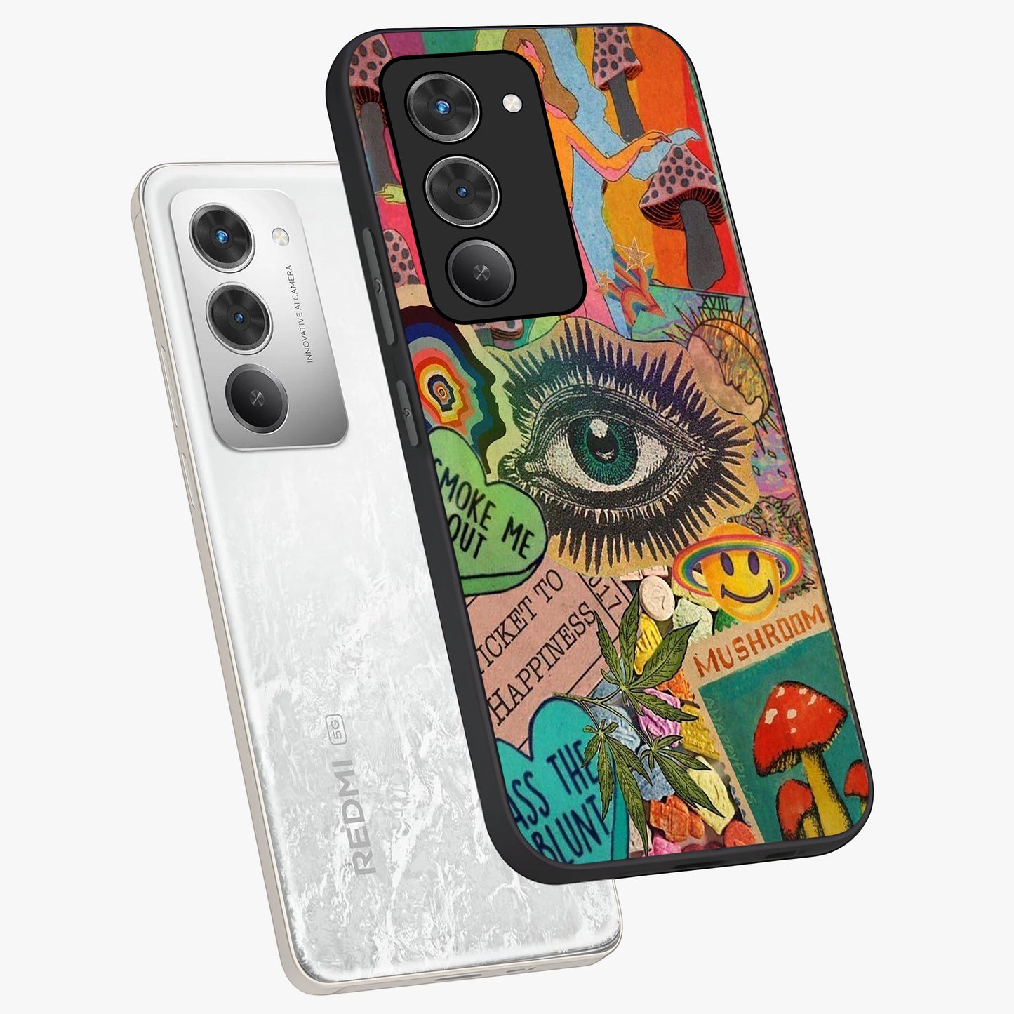 Mystic Eye Wonderland Glass Case displayed in angled mockup highlighting magical eye illustration with dreamy aesthetic.