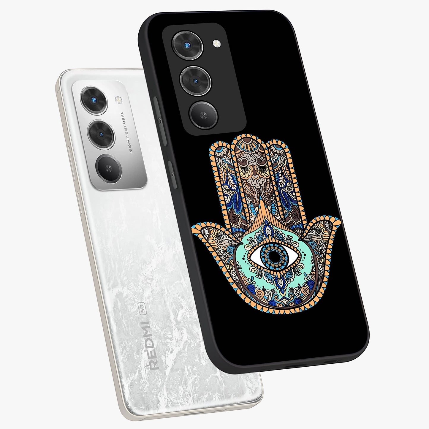 Mystic Hamsa Eye Glass Case displayed in angled mockup highlighting spiritual hamsa symbol with mystical aesthetic style.
