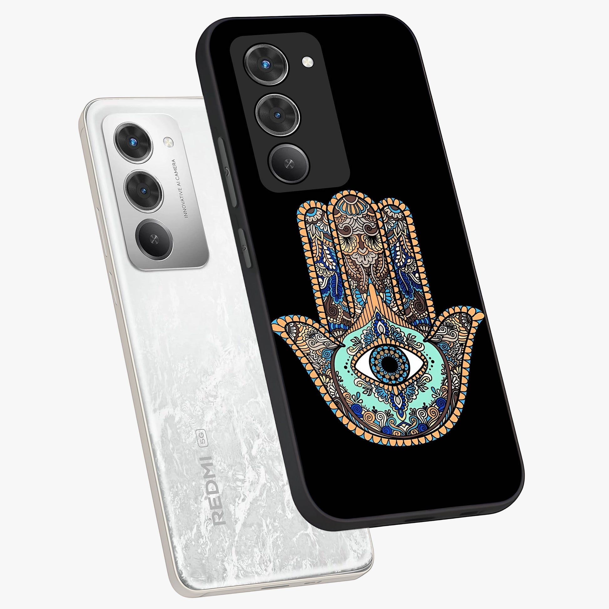 Mystic Hamsa Eye Glass Case displayed in angled mockup highlighting spiritual hamsa symbol with mystical aesthetic style.