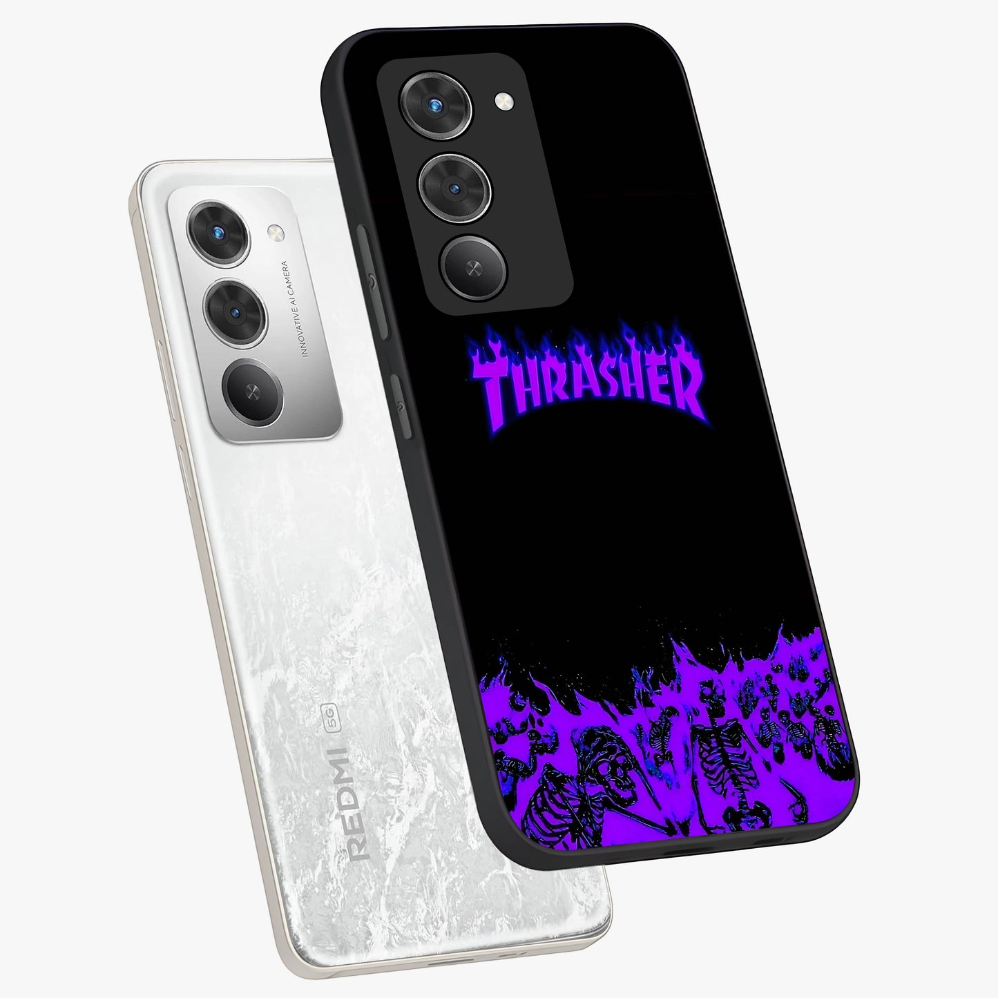 Neon Flame Riot Glass Case displayed in angled mockup highlighting glowing flame design with vibrant neon aesthetic.