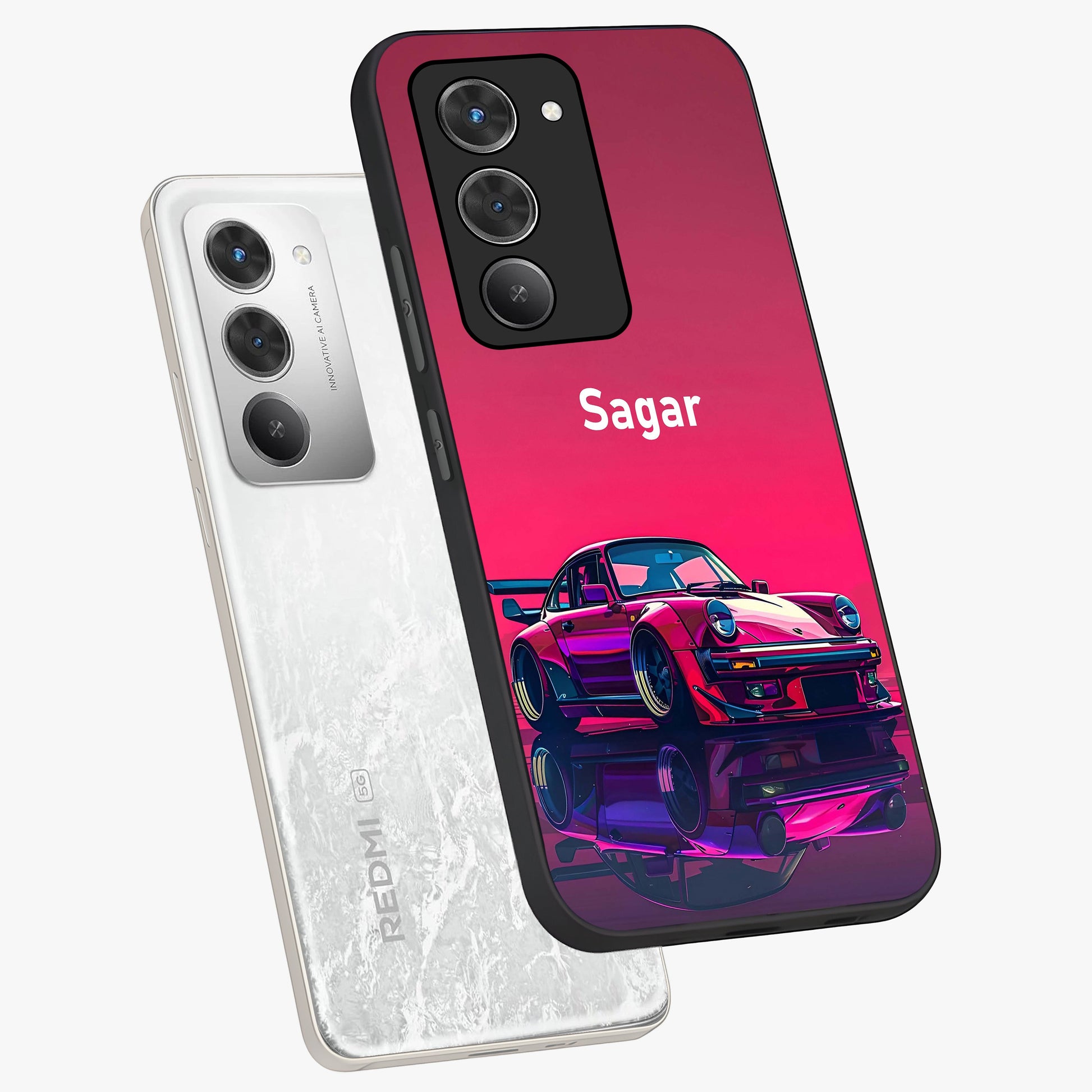 Neon Pink Porsche Glass Case displayed in angled mockup highlighting sleek neon pink car design with racing aesthetic.
