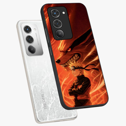 Nine Tails Legacy Glass Case displayed in angled mockup highlighting dynamic anime beast illustration with bold mystical aesthetic.