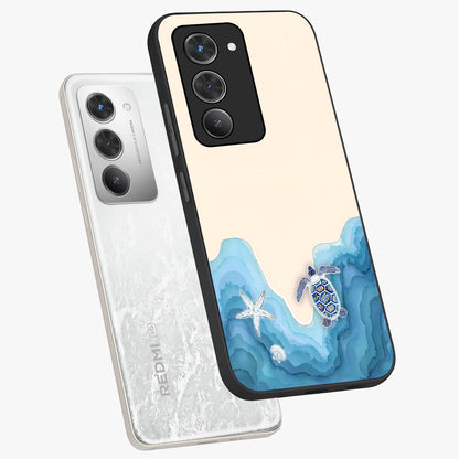 Ocean Drift Turtle Glass Case displayed in angled mockup highlighting peaceful ocean turtle illustration with marine aesthetic.