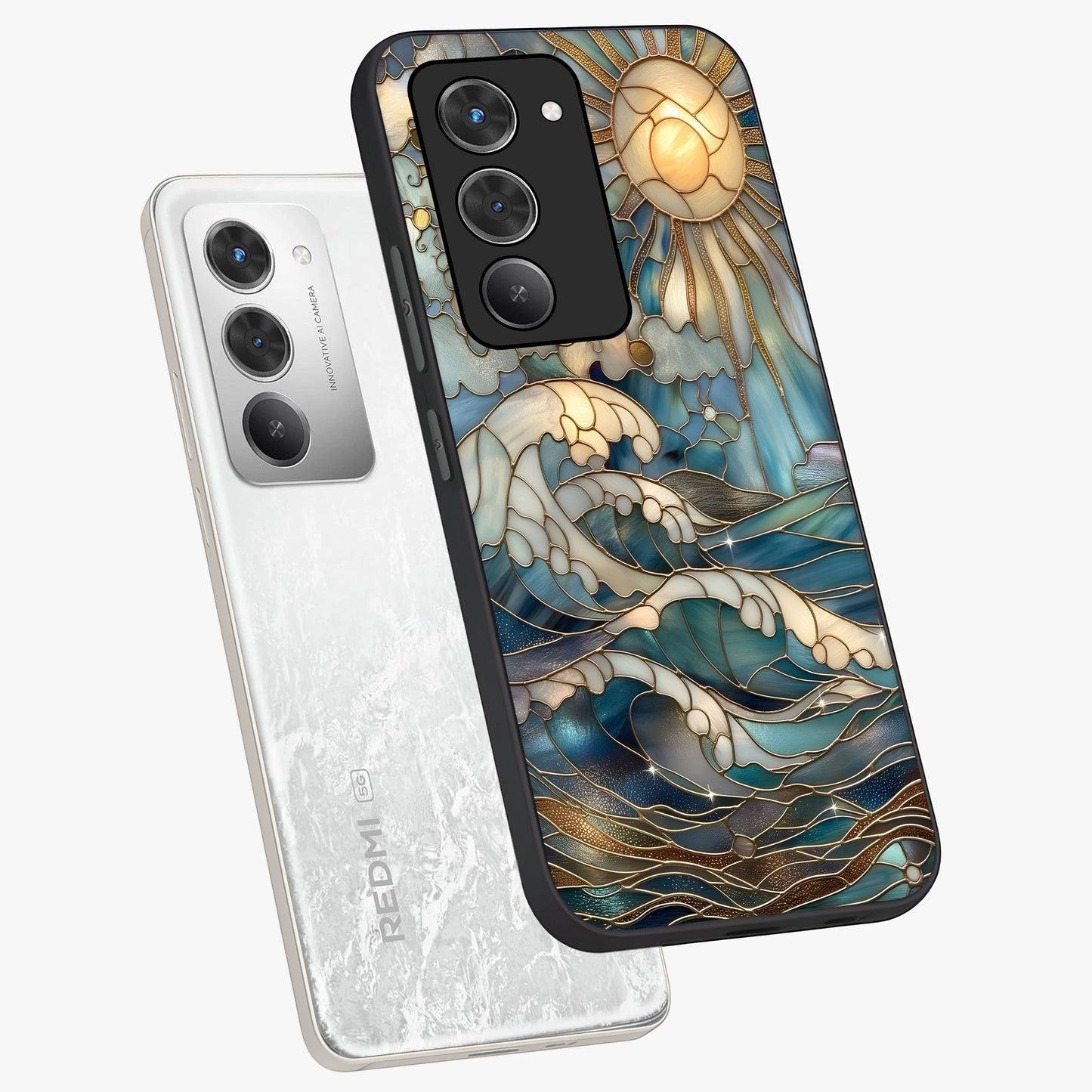 Oceanic Stained Printed Glass Case displayed in angled mockup highlighting colorful aquatic design with artistic aesthetic style.