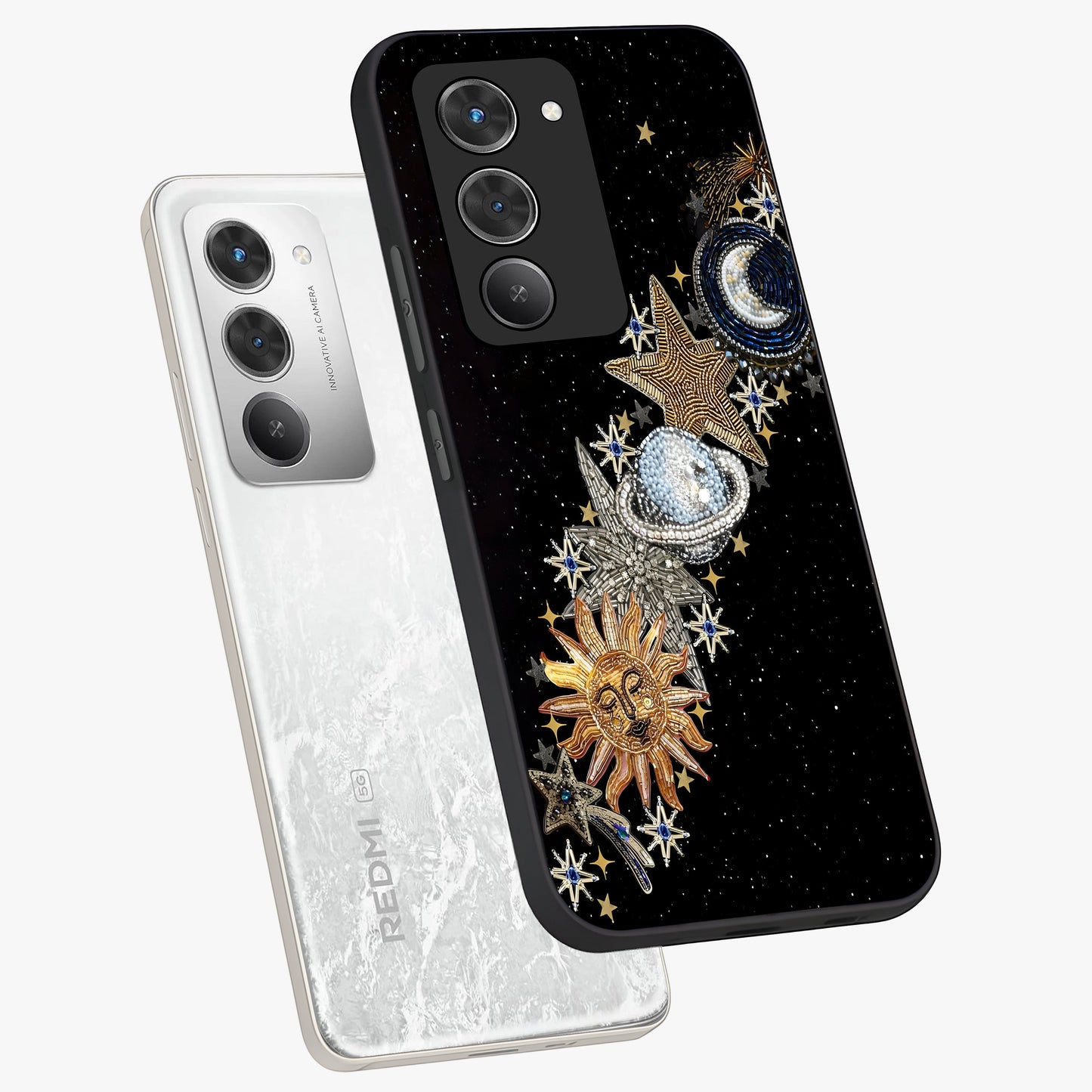 Pearls Universe Object Glass Case displayed in angled mockup highlighting celestial pearl design with dreamy aesthetic.