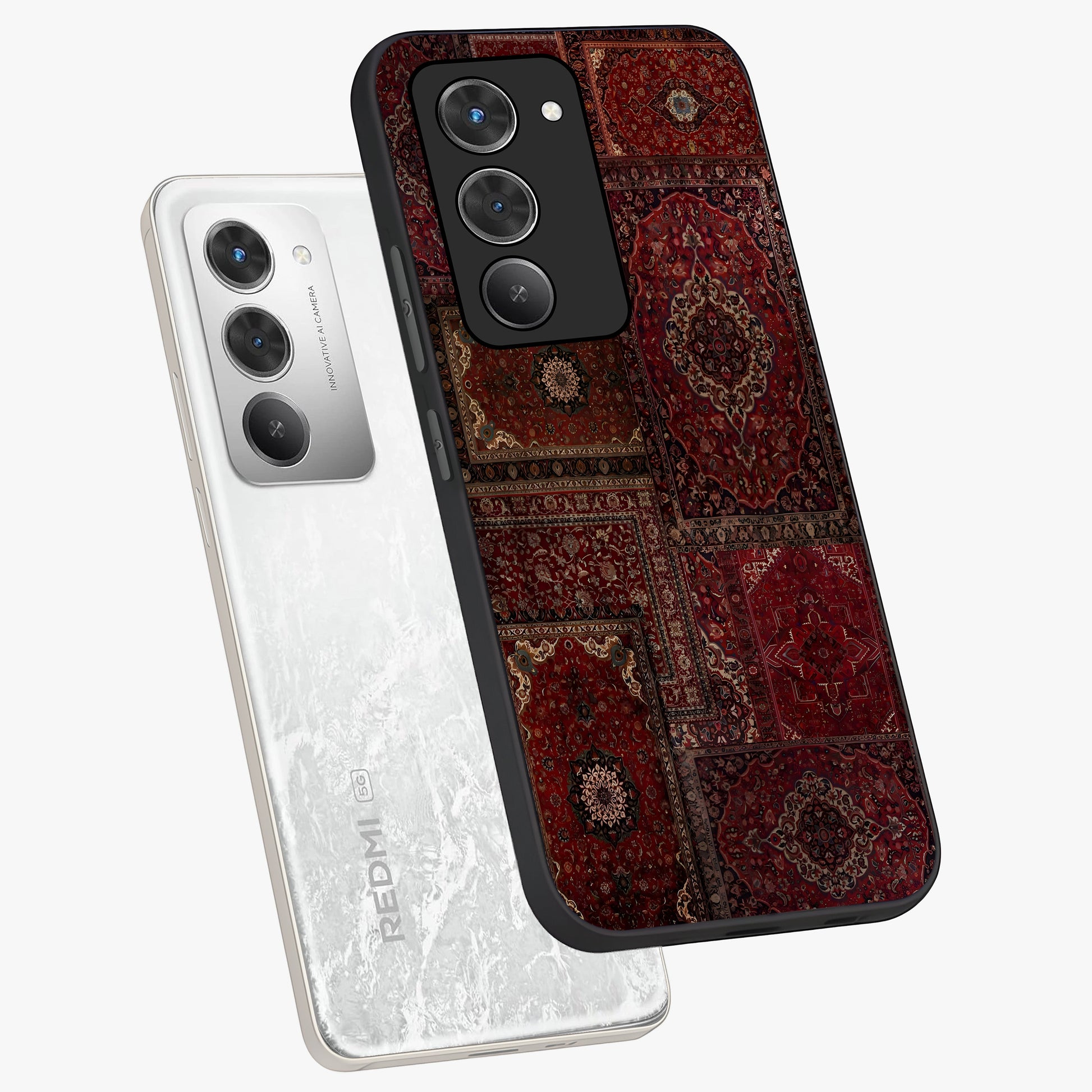 Persian Velvet Tale Glass Case displayed in angled mockup highlighting ornate textile inspired design with royal aesthetic.