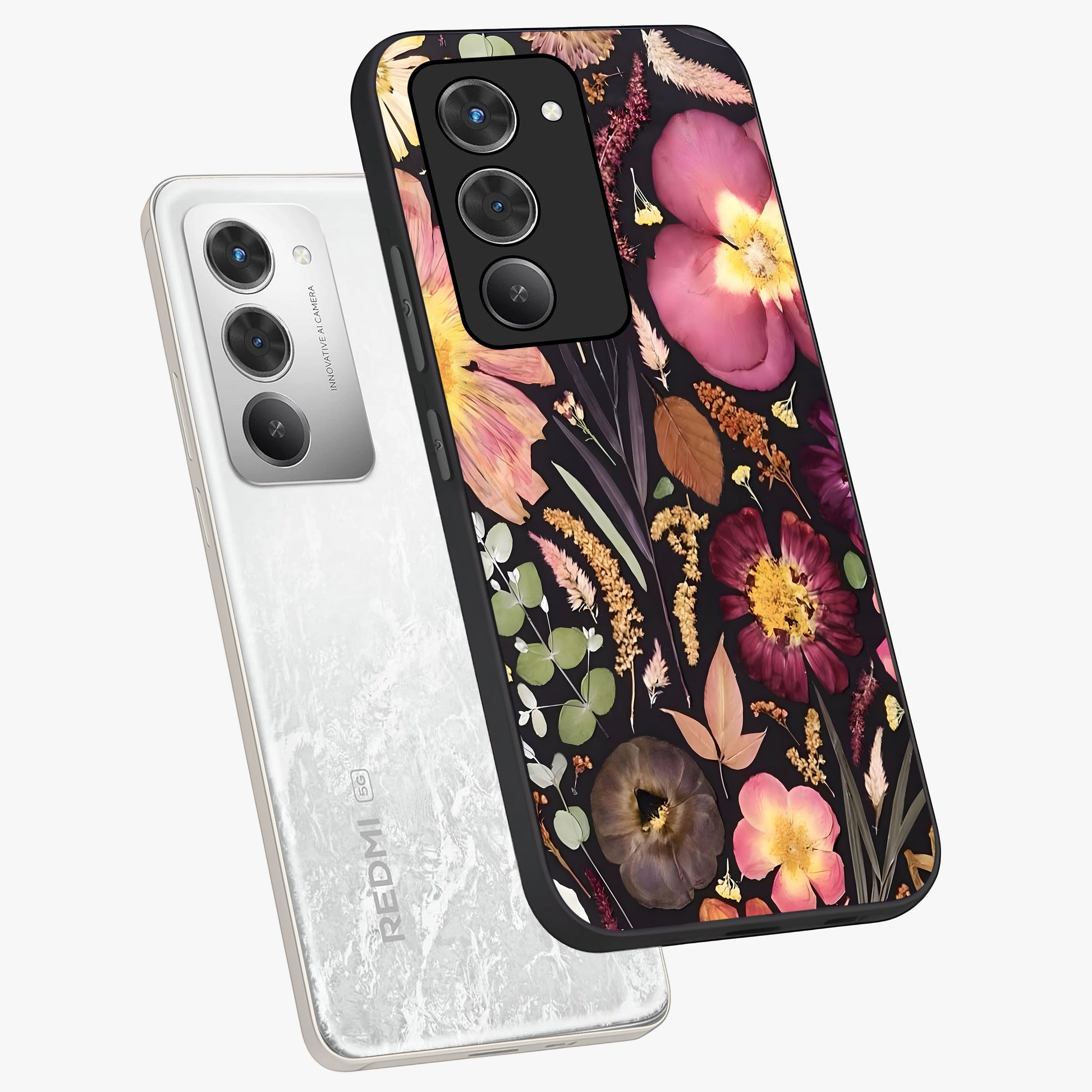Petal Dream Tapestry Glass Case displayed in angled mockup highlighting decorative petal pattern with elegant botanical aesthetic.
