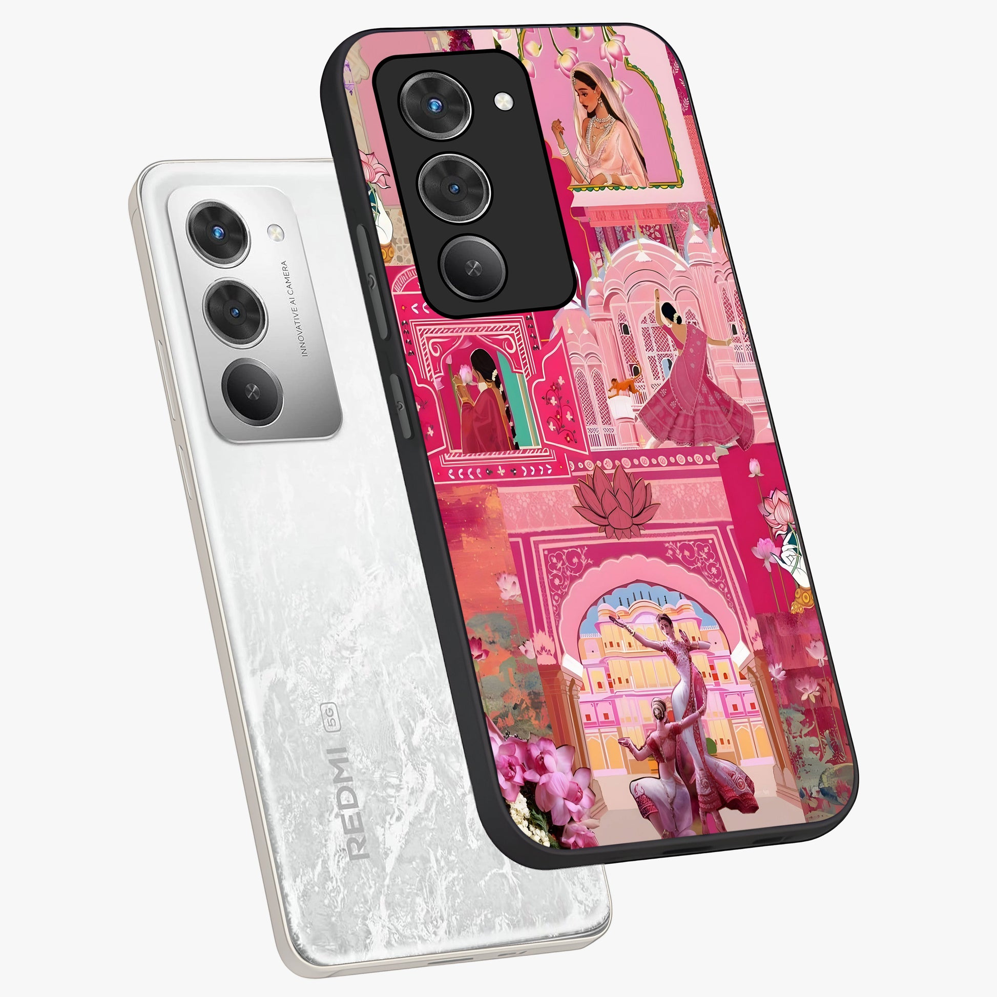 Pink Palace Muse Glass Case displayed in angled mockup highlighting dreamy palace illustration with soft pink aesthetic.