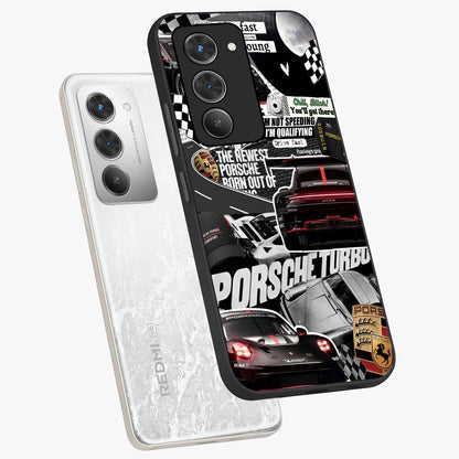 Porsche Racing Collage Glass Case displayed in angled mockup highlighting dynamic automotive design with bold racing aesthetic.