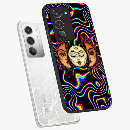 Psychedelic Sun Glass Case displayed in angled mockup highlighting vibrant abstract sun design with artistic aesthetic style.