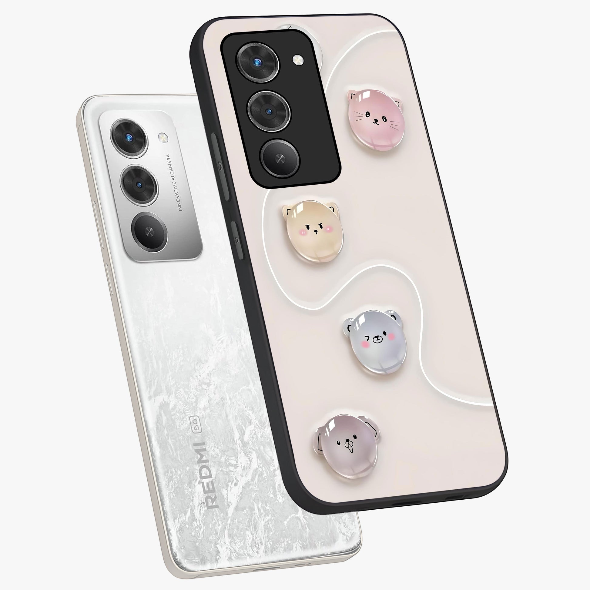 Puffy Face Parade Glass Case displayed in angled mockup highlighting playful cartoon face design with fun aesthetic.