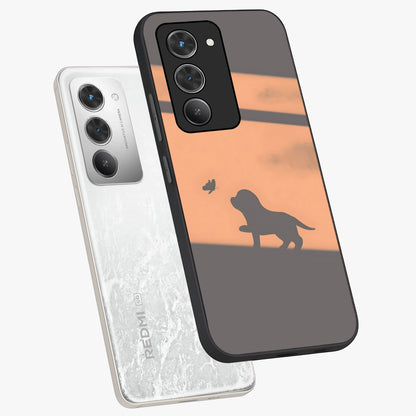 Puppy Shadow Art Glass Case displayed in angled mockup highlighting playful dog illustration with artistic shadow aesthetic.
