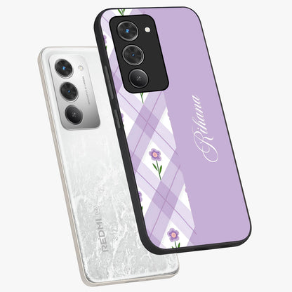 Purple Diamond Floral Glass Case displayed in angled mockup highlighting elegant purple flower design with decorative pattern.