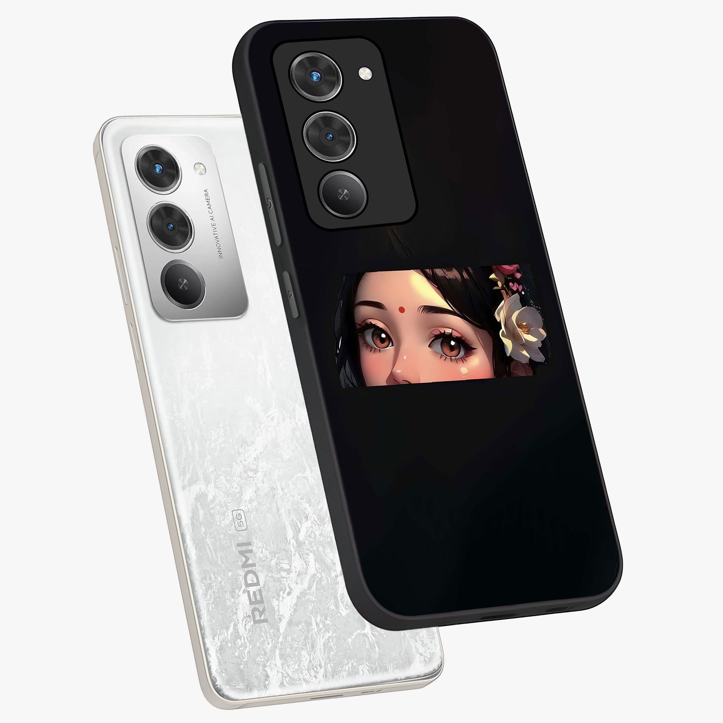 Radha Divine Embrace Glass Case displayed in angled mockup highlighting graceful spiritual illustration with divine aesthetic.