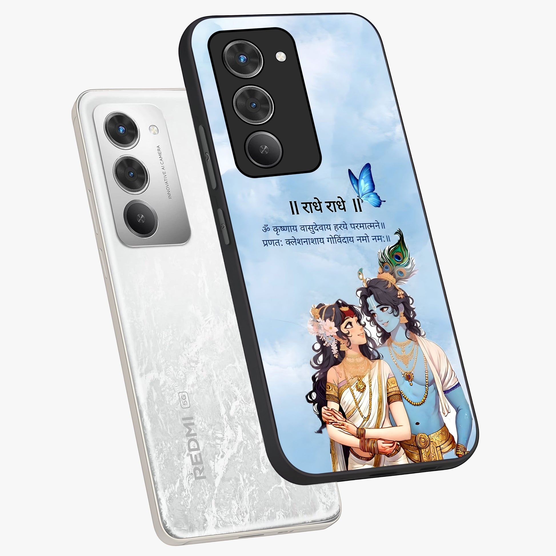 Radha Krishna Eternal Glass Case displayed in angled mockup highlighting divine Radha Krishna illustration with spiritual aesthetic.