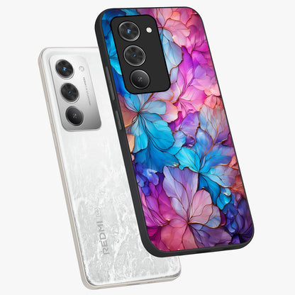 Radiant Floral Whirl Glass Case displayed in angled mockup highlighting vibrant flower pattern with dynamic artistic aesthetic.