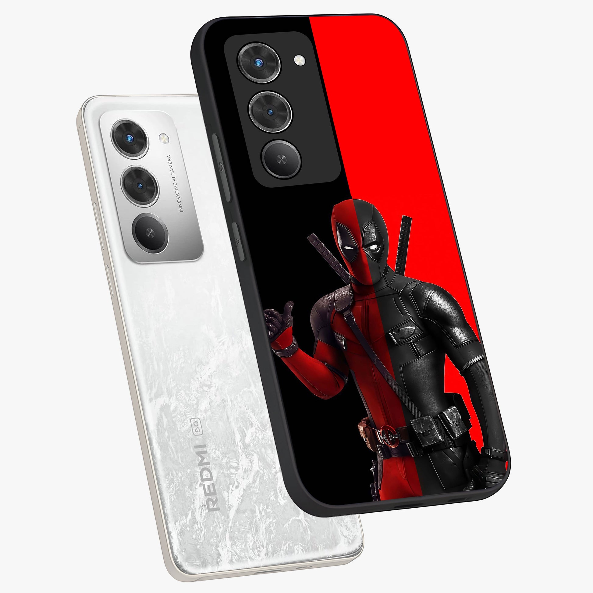 Red & Black Deadpool Theme Glass Case displayed in angled mockup highlighting vibrant superhero style illustration with action aesthetic.