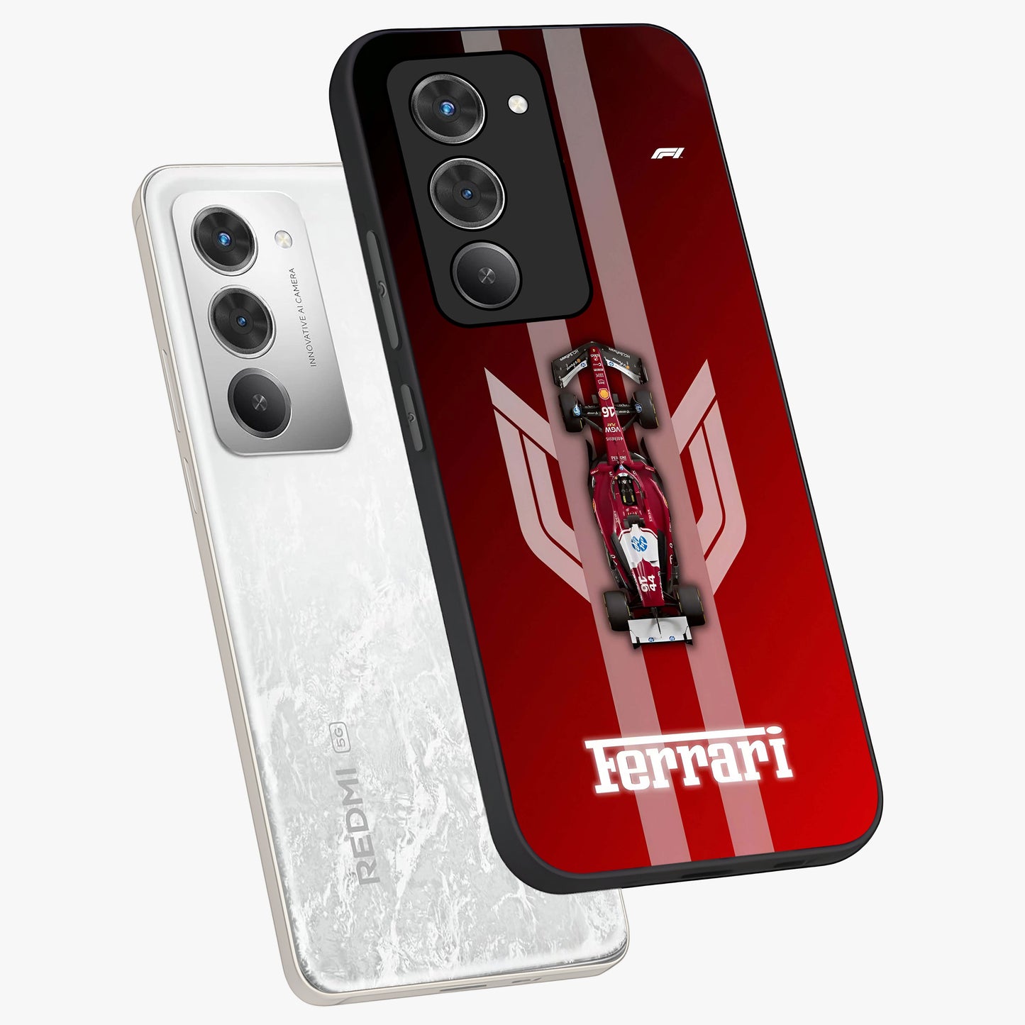 Red Ferrari F1 Vertical Glass Case displayed in angled mockup highlighting high speed racing design with bold automotive aesthetic.