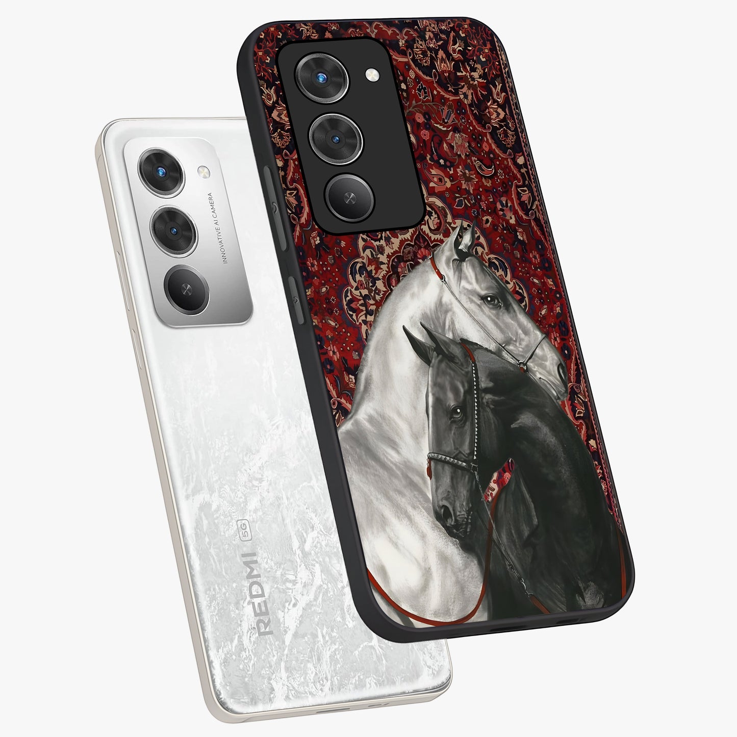 Regal Stallion Tapestry Glass Case displayed in angled mockup highlighting royal stallion design with decorative heritage aesthetic.