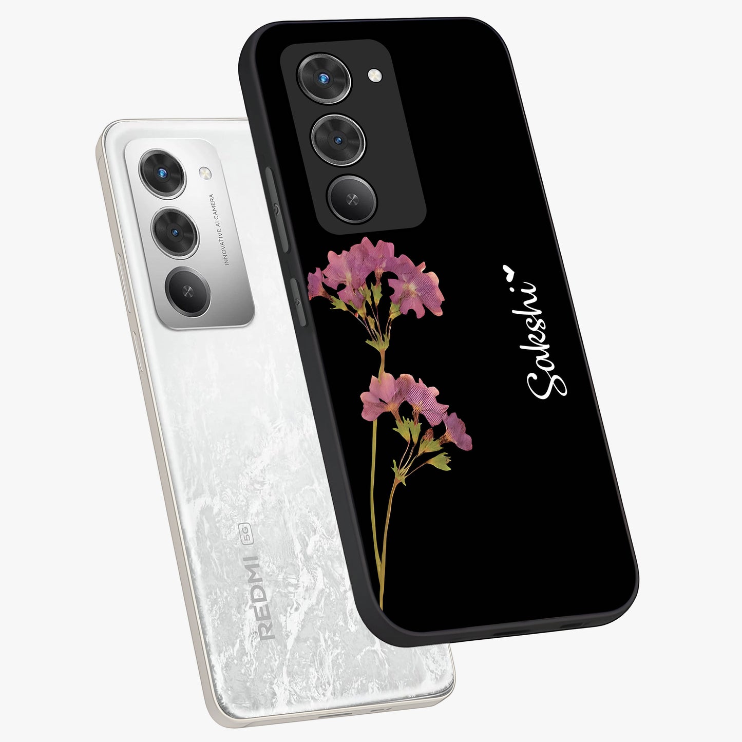 Riching Lavender Flower Custom Name Glass Case displayed in angled mockup highlighting delicate lavender flower design with custom name feature.
