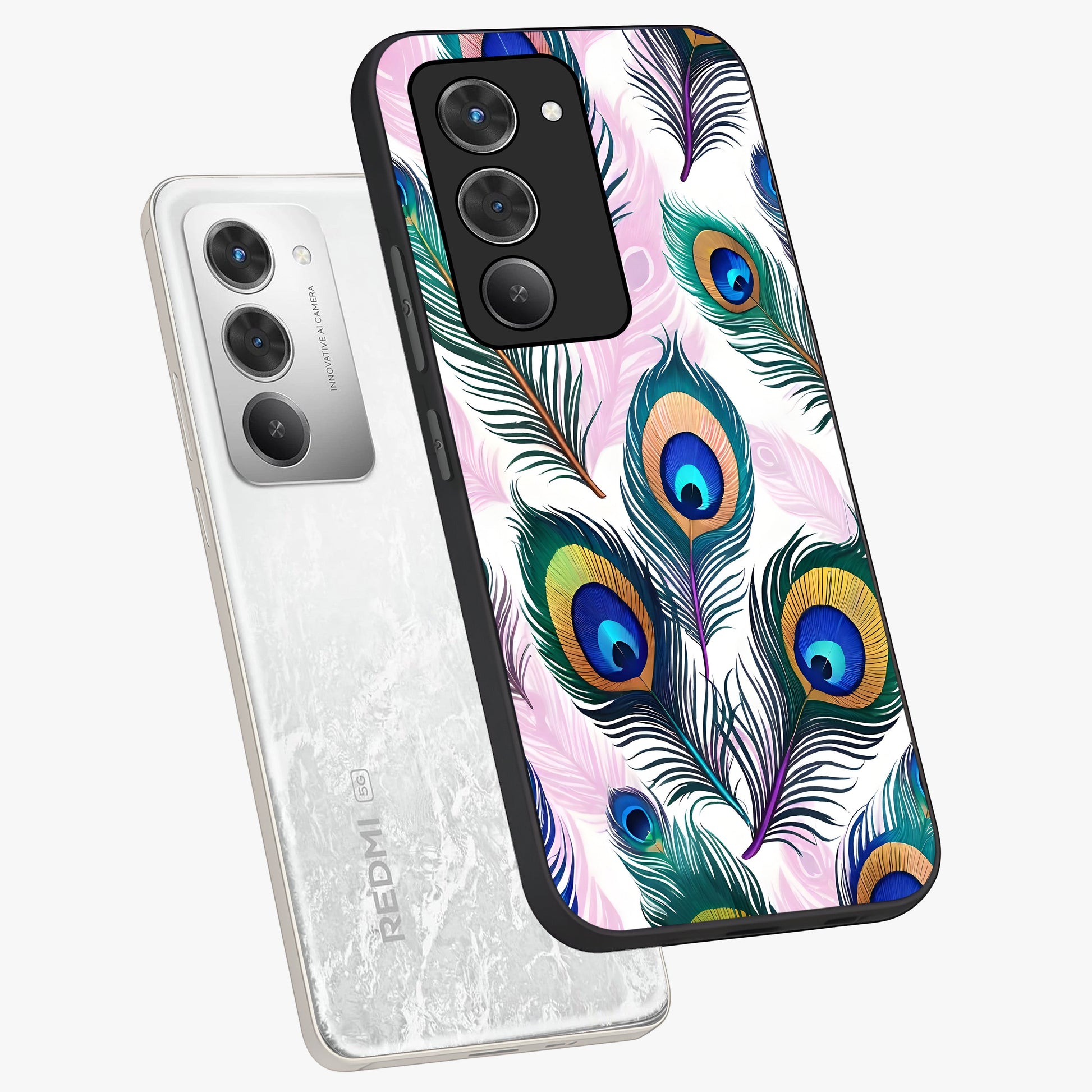 Royal Peacock Feathers Glass Case displayed in angled mockup highlighting vibrant feather pattern with regal aesthetic style.