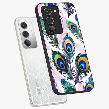 Royal Peacock Feathers Glass Case displayed in angled mockup highlighting vibrant feather pattern with regal aesthetic style.