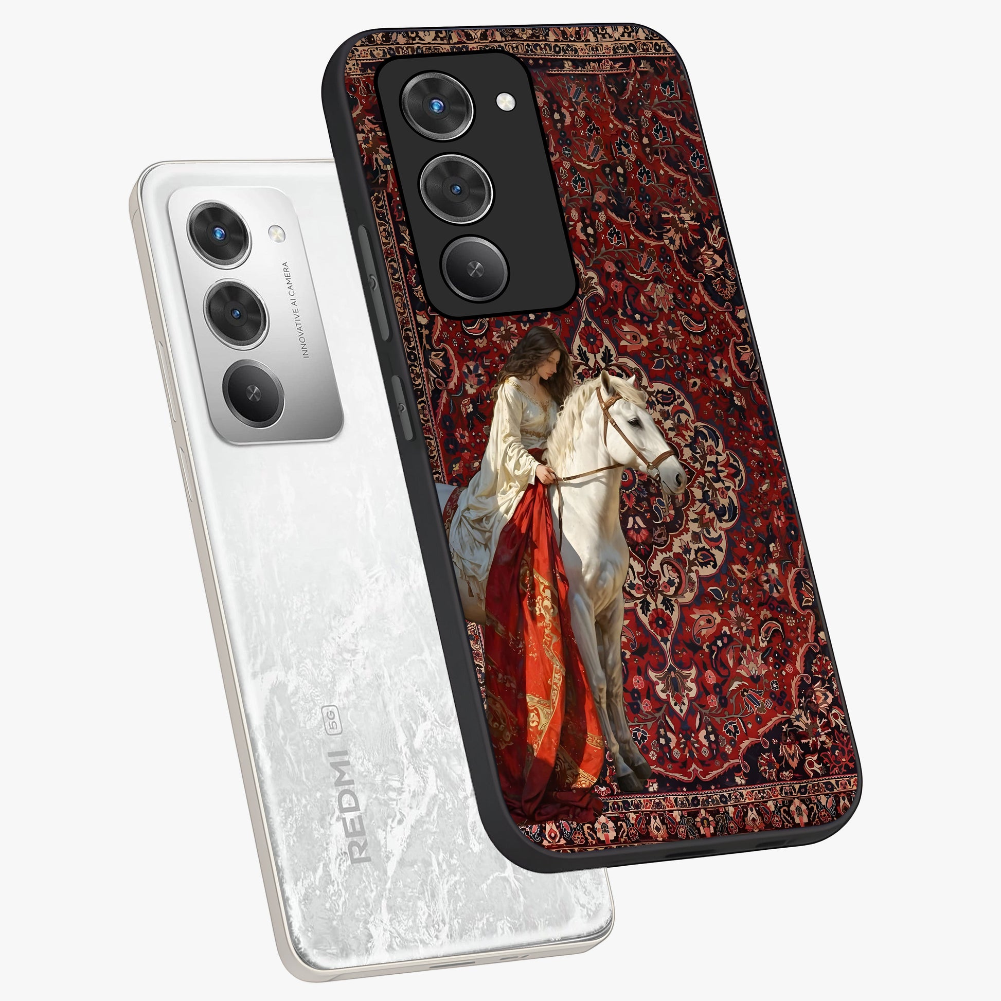 Royal Rider Tapestry Glass Case displayed in angled mockup highlighting traditional tapestry design with royal heritage aesthetic.