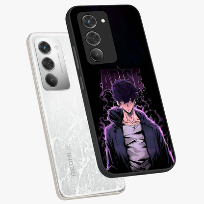Shadow Monarch Awakening Glass Case displayed in angled mockup highlighting dramatic shadow warrior design with fantasy aesthetic.