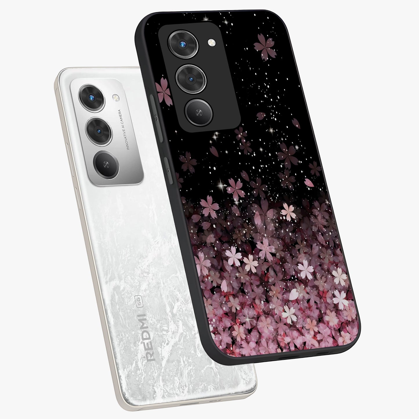 Small Starry Flowers Glass Case displayed in angled mockup highlighting tiny flower pattern with celestial aesthetic style.