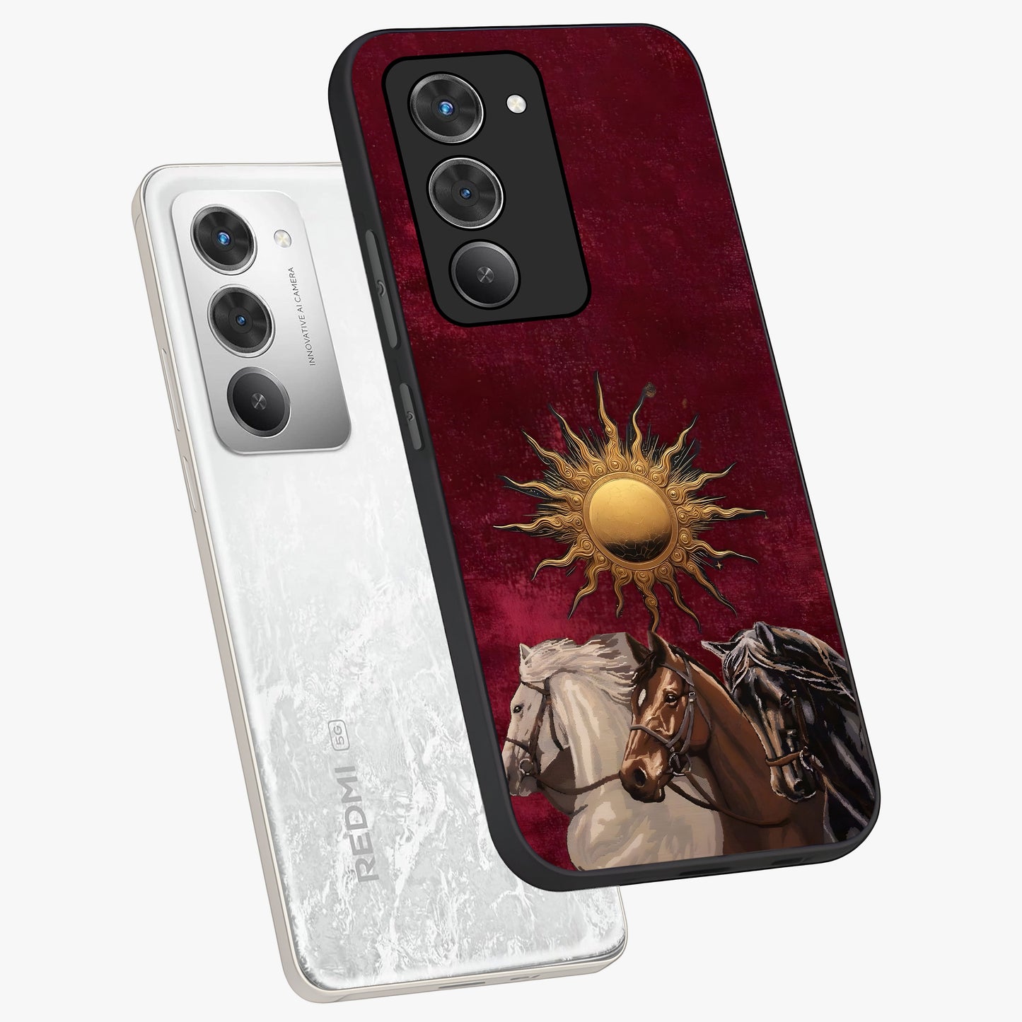 Solar Riders Glass Case displayed in angled mockup highlighting powerful rider illustration with radiant solar aesthetic.