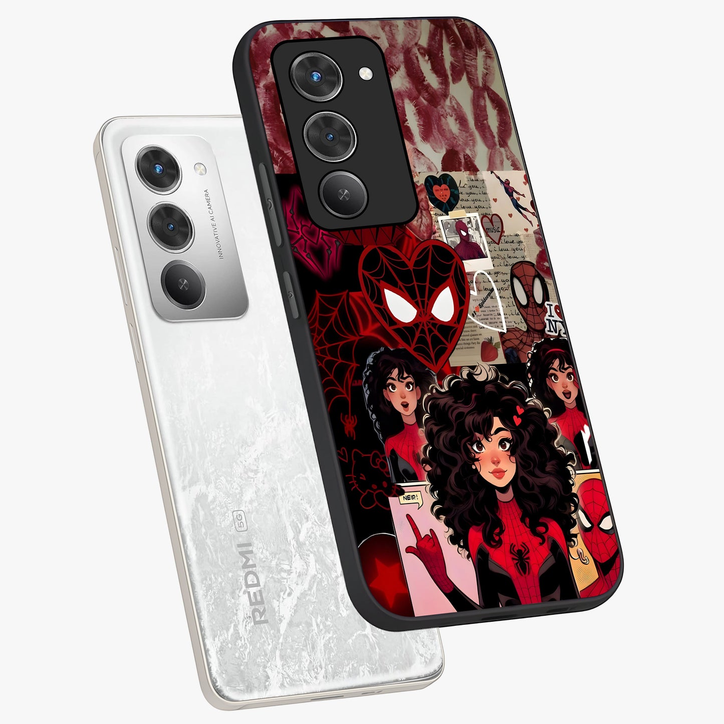 Spider Love Story Glass Case displayed in angled mockup highlighting expressive comic inspired design with playful aesthetic.