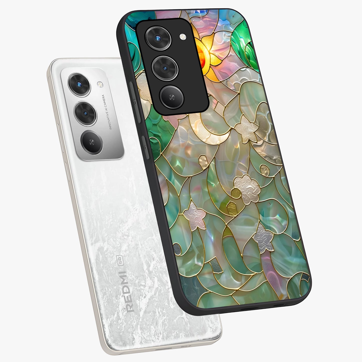 Stained Sunrise Glow Glass Case displayed in angled mockup highlighting radiant sunrise design with artistic aesthetic style.