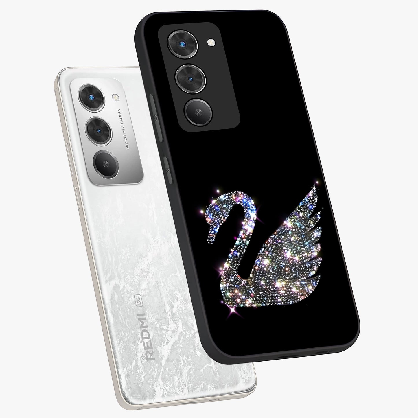 Starlit Swan Grace Glass Case displayed in angled mockup highlighting elegant swan illustration with dreamy celestial aesthetic.
