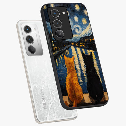 Starry River Cats Glass Case displayed in angled mockup highlighting charming feline illustration with dreamy night aesthetic.