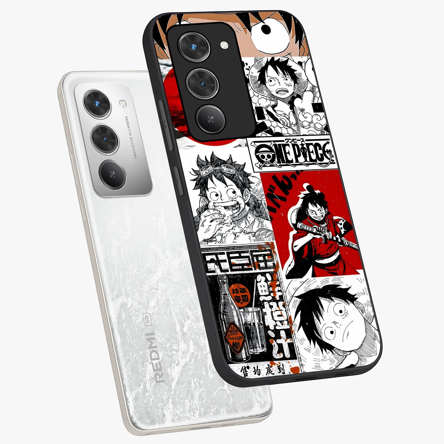 Strawhat Chaos Panels Glass Case displayed in angled mockup highlighting vibrant anime collage design with action aesthetic.