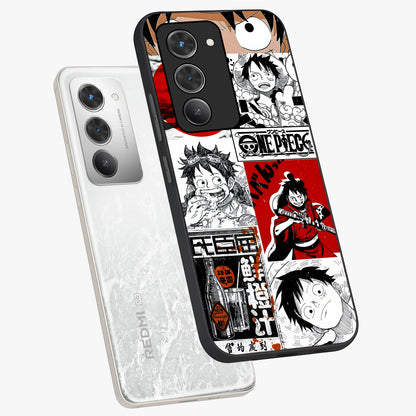 Strawhat Chaos Panels Glass Case displayed in angled mockup highlighting vibrant anime collage design with action aesthetic.