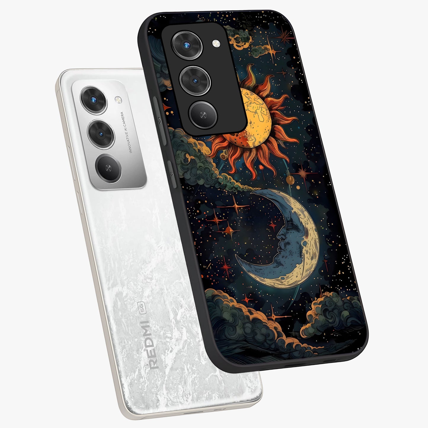 Sun And Moon Magic Design Glass Case displayed in angled mockup highlighting celestial design with magical cosmic aesthetic.