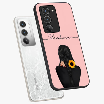 Sunflower Braid Beauty With Custom Name Glass Case displayed in angled mockup highlighting elegant sunflower design with custom name feature.