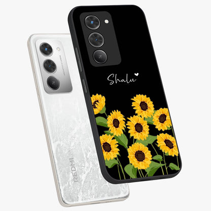 Sunflower Chic Mood Custom Name Glass Case displayed in angled mockup highlighting vibrant sunflower design with custom name feature.