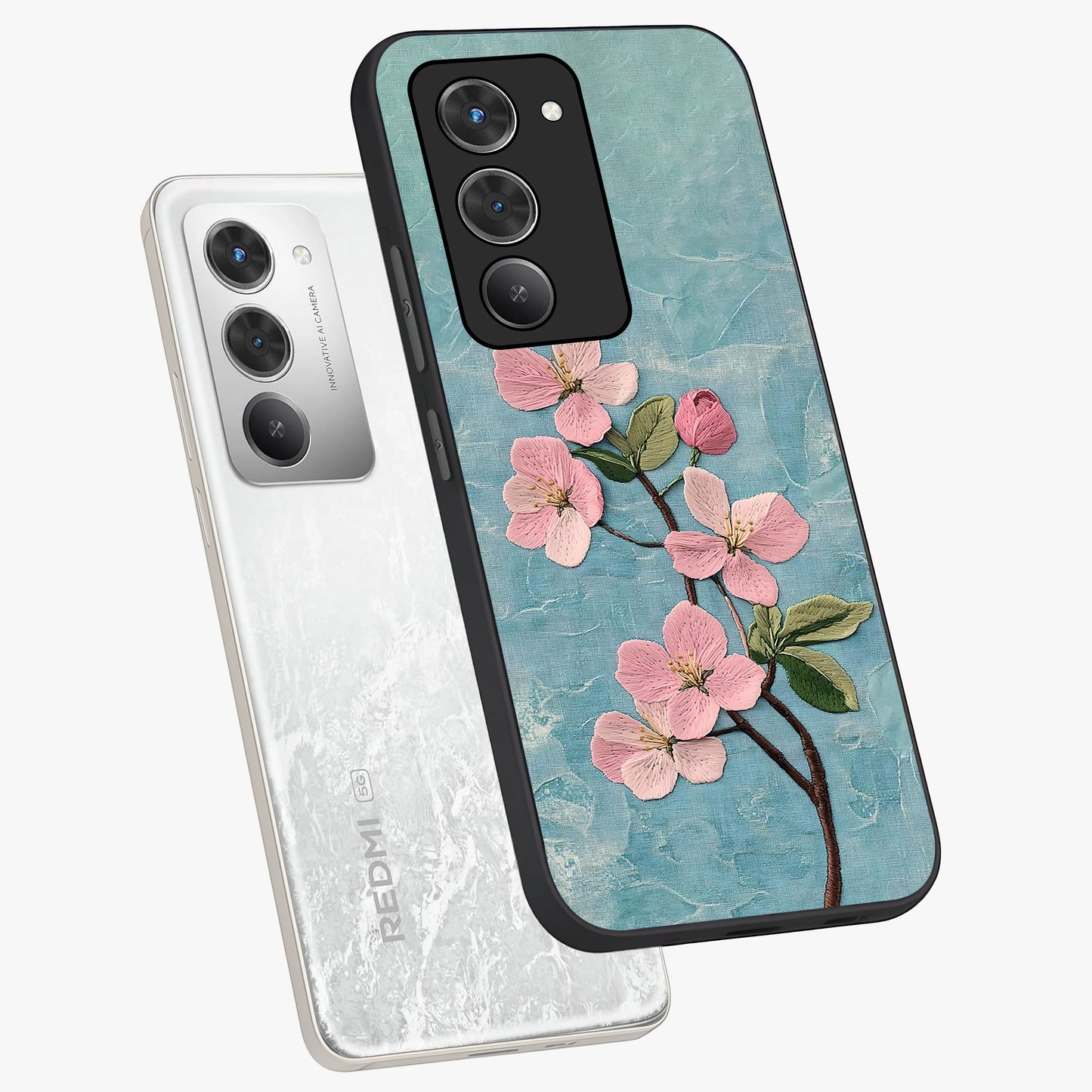 Threaded Blossom Breeze Glass Case displayed in angled mockup highlighting elegant floral design with soft aesthetic style.