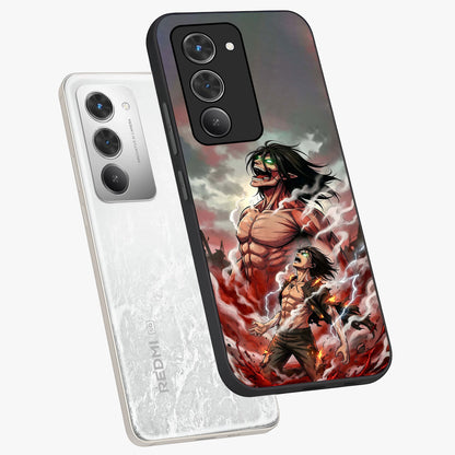 Titan Awakening Fury Glass Case displayed in angled mockup highlighting dramatic giant warrior design with bold anime aesthetic.