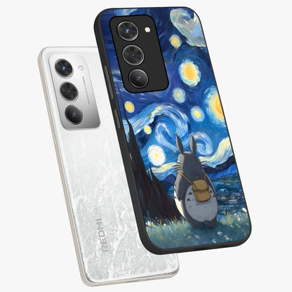 Totoro In Van Gogh Art Glass Case displayed in angled mockup highlighting artistic swirling sky design with playful animation aesthetic.