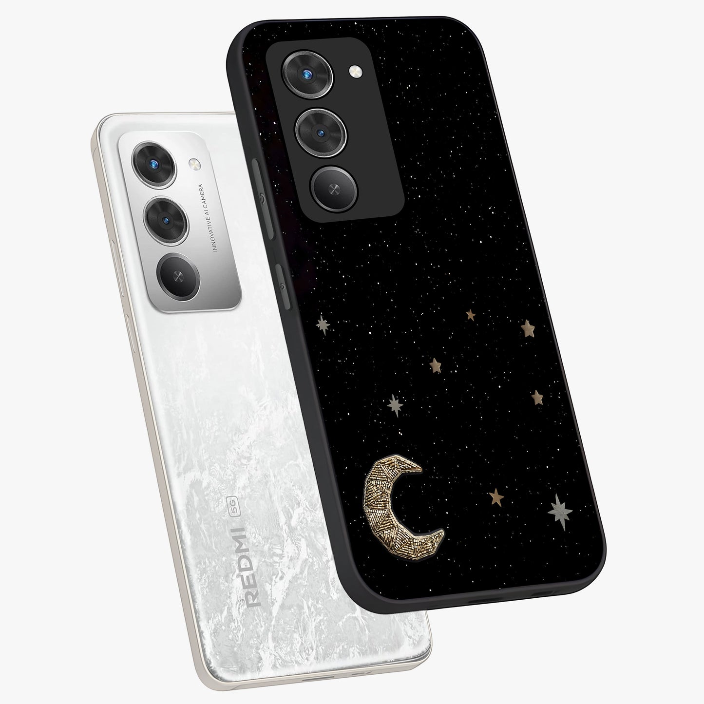 Twinkle Star With Half Moon Glass Case displayed in angled mockup highlighting celestial moon and star design with magical aesthetic.