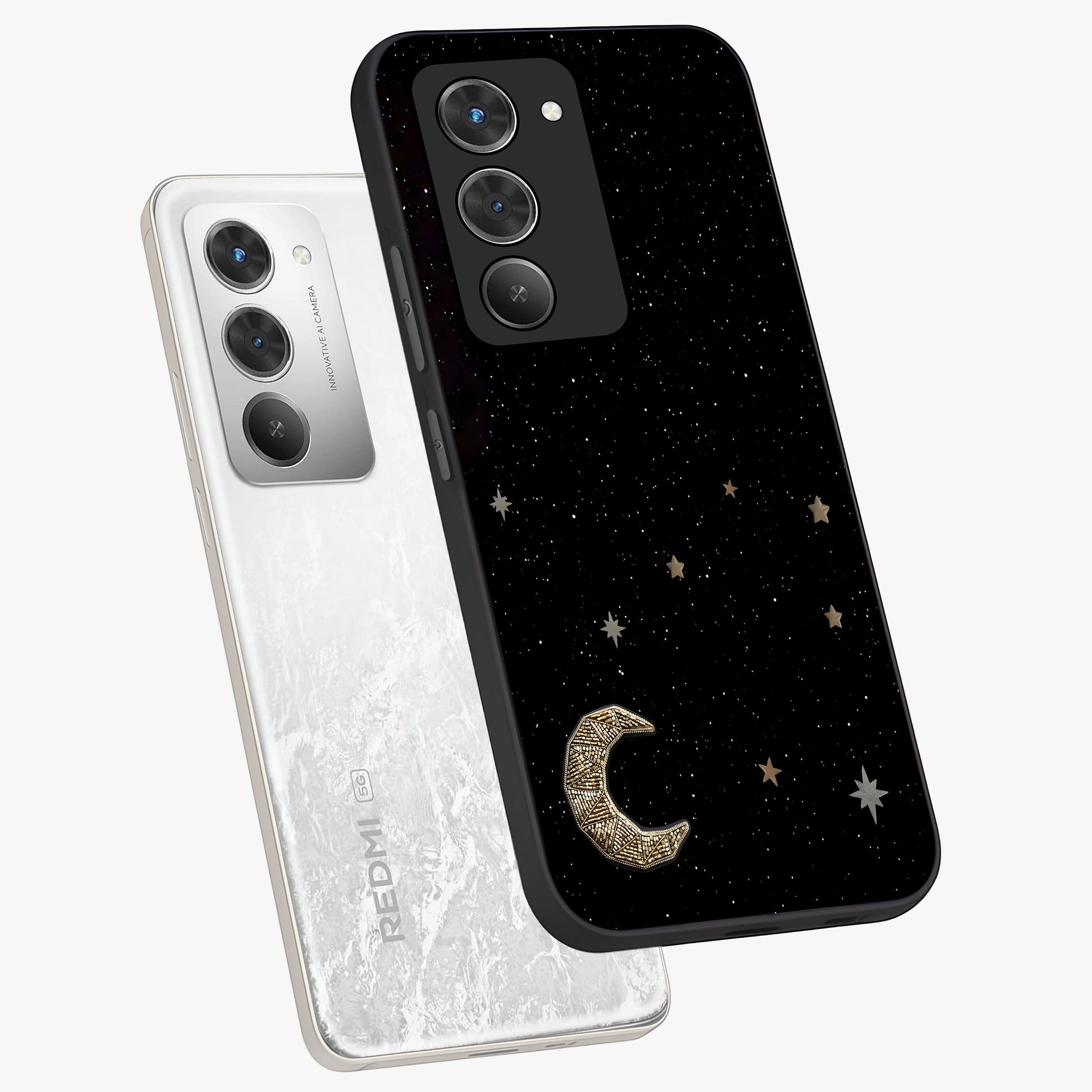 Twinkle Star With Half Moon Glass Case displayed in angled mockup highlighting celestial moon and star design with magical aesthetic.