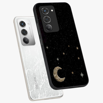 Twinkle Star With Half Moon Glass Case displayed in angled mockup highlighting celestial moon and star design with magical aesthetic.