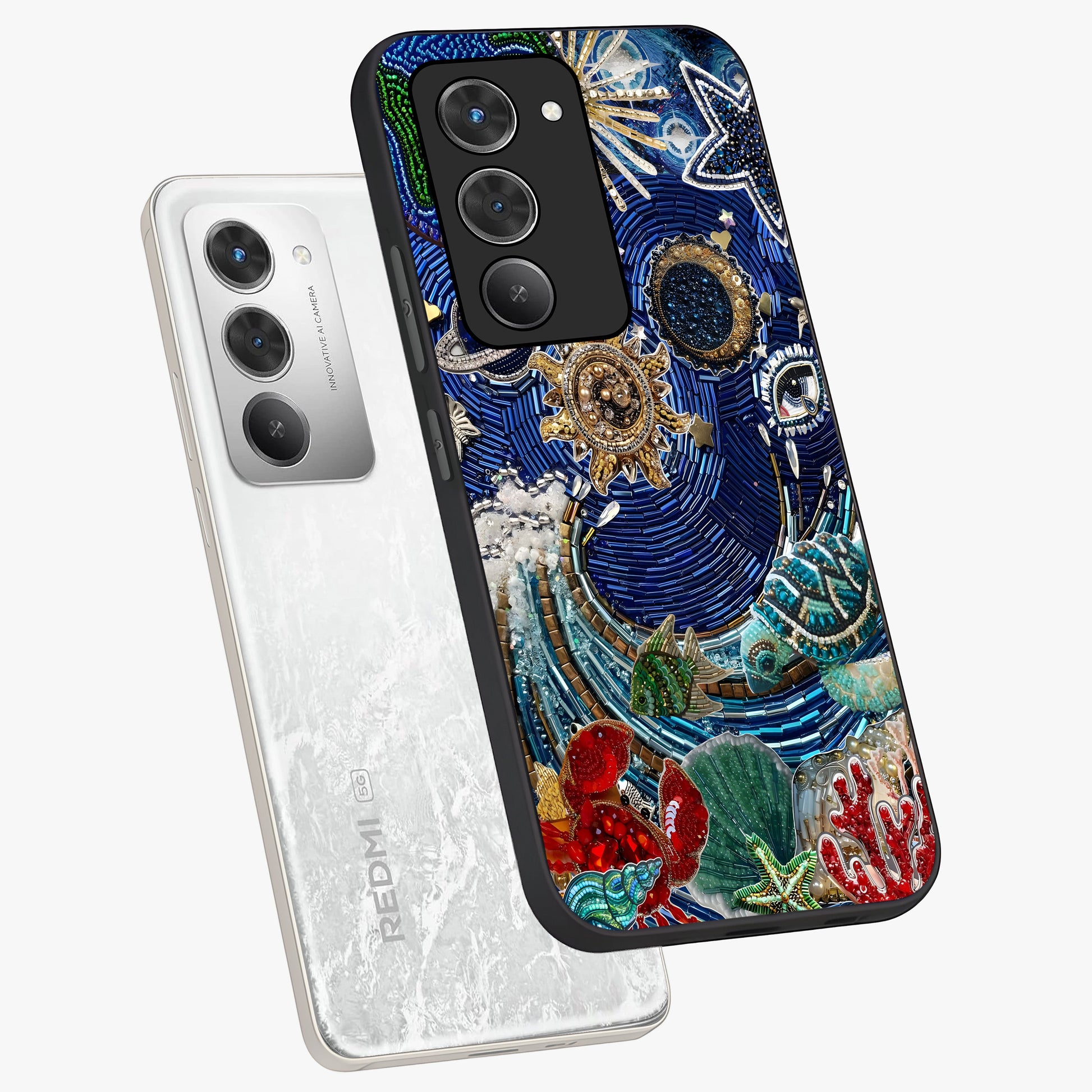 Universe Underwater Spark Glass Case displayed in angled mockup highlighting glowing aquatic design with celestial aesthetic.