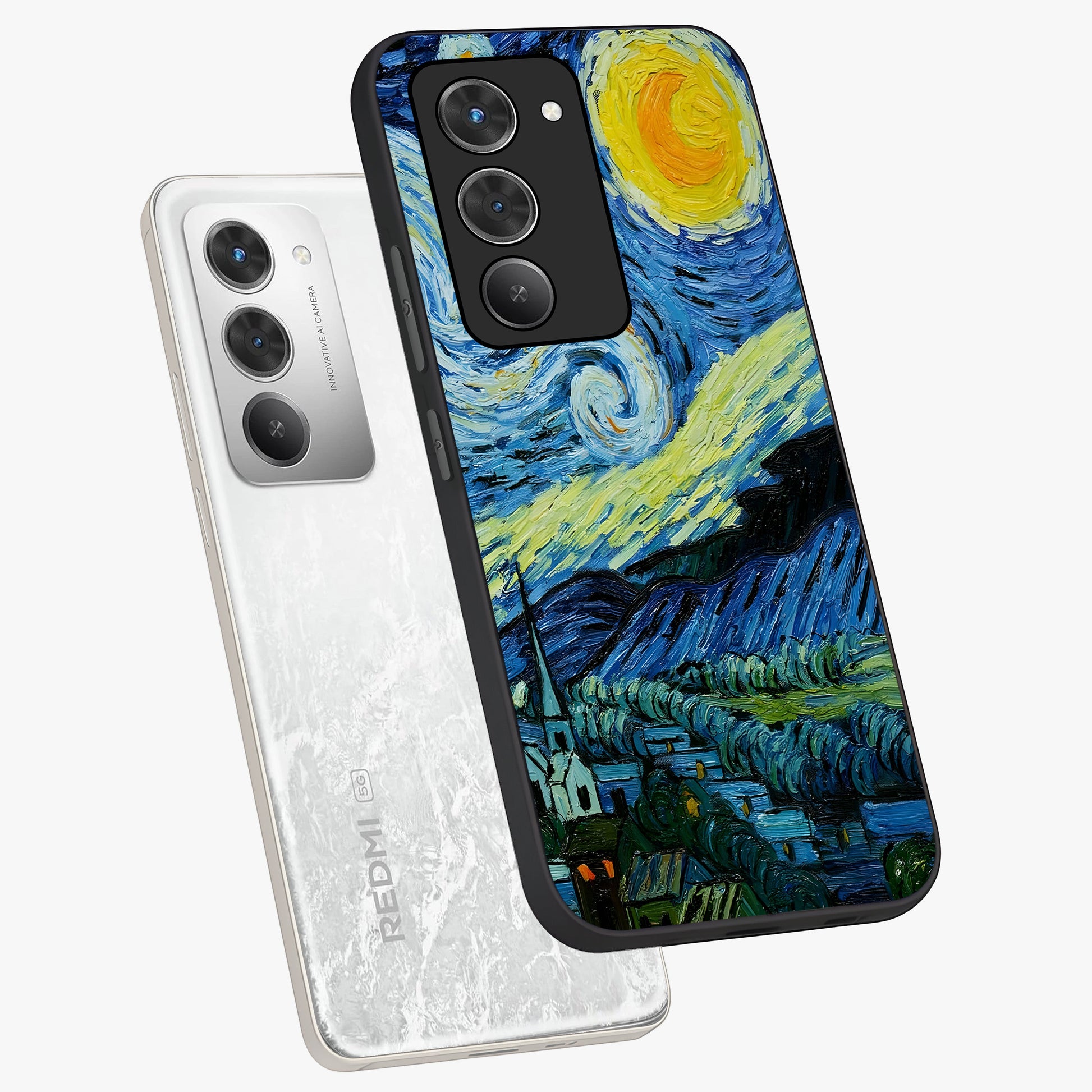 Van Gogh Art Glass Case displayed in angled mockup highlighting swirling brushstroke design with artistic aesthetic.