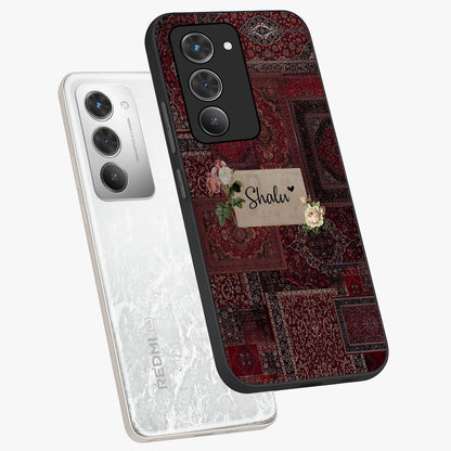 Velvet Wine Pattern Custom Name Glass Case displayed in angled mockup highlighting decorative velvet inspired design with custom name feature.